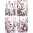 Le Petit Paris Lavender Bunny Farmhouse Collage A4 rice decoupage paper with vintage lavender bottles, floral frames, and bunnies