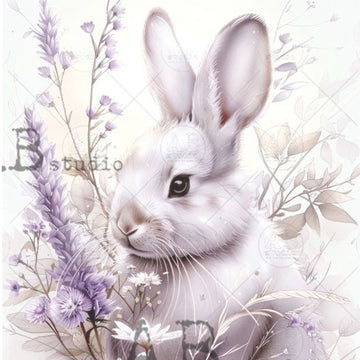 Soft lavender bunny art on A4 rice decoupage paper with lavender wildflowers, vintage cottagecore spring design by Le Petite Paris
