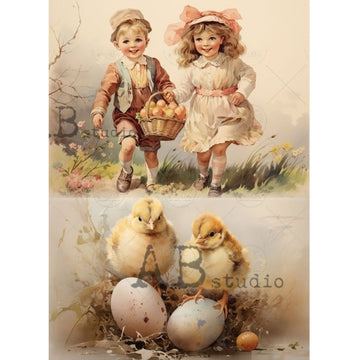 Le Petit Paris Victorian Easter Children A4 Rice Decoupage Paper – vintage spring illustration of two children with an egg basket and baby chicks with Easter eggs