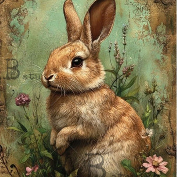 Le Petit Paris vintage woodland bunny decoupage paper closeup—A4 rice paper with a rustic rabbit in a wildflower meadow