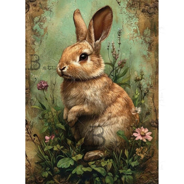 Full sheet view of Le Petit Paris vintage woodland bunny A4 rice decoupage paper—cottagecore rabbit illustration with aged border
