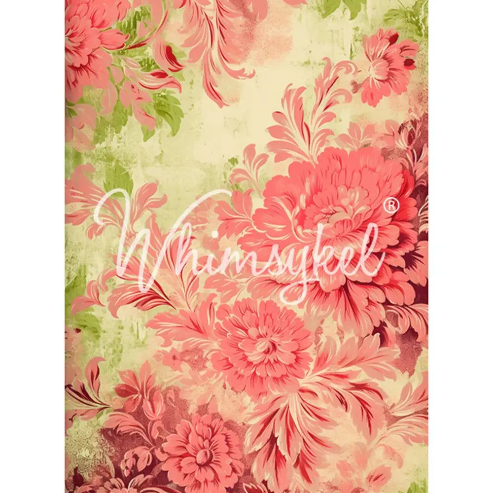 Tissue paper featuring coral and blush blooms set against a softly distressed backdrop kissed with shades of lime.