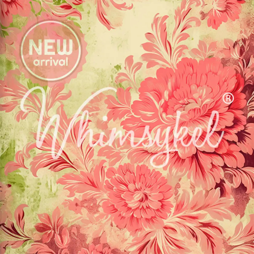 Close-up of a tissue paper featuring coral and blush blooms set against a softly distressed backdrop kissed with shades of lime.