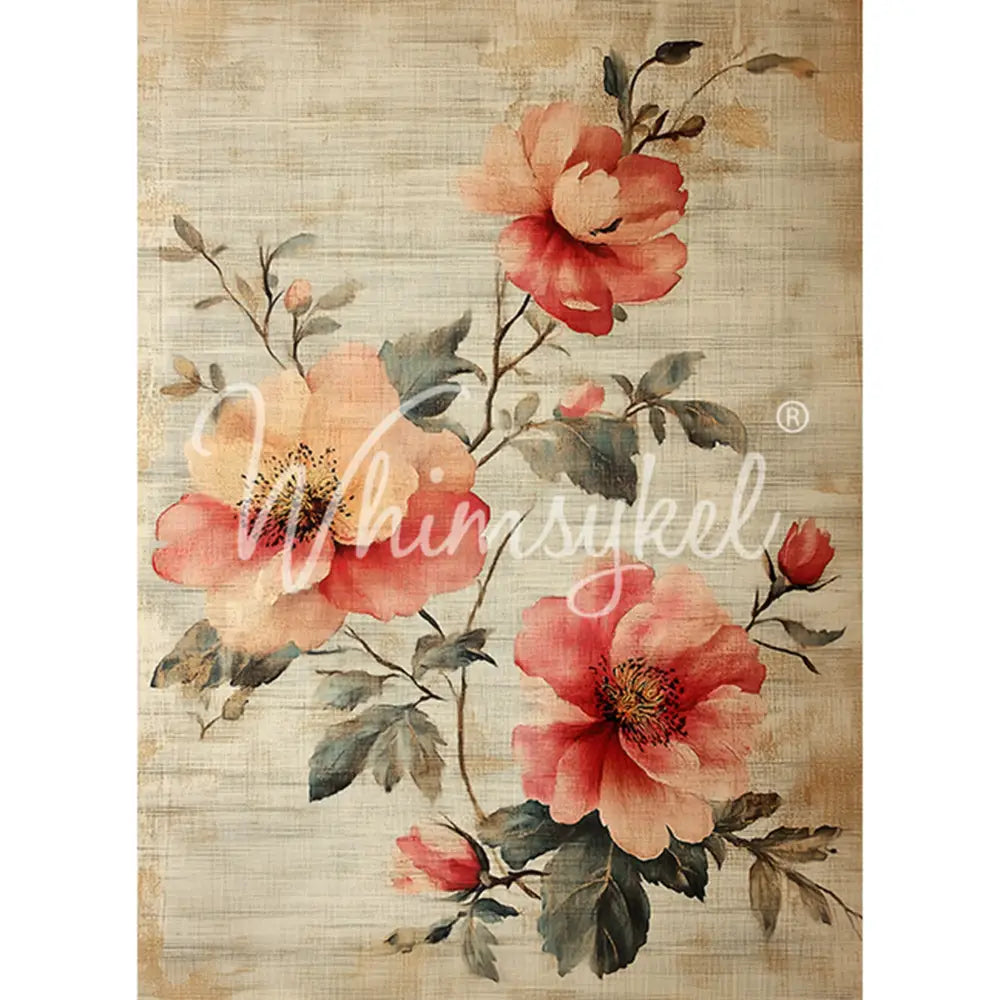 Tissue paper featuring delicate pink and peach flowers on a beige linen background. White borders are on the sides.