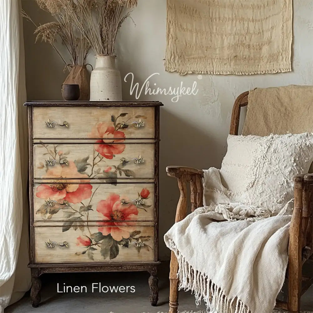 A vintage dark wood 4-drawer chest dresser features Whimsykel's Linen Flowers tissue paper on the front.