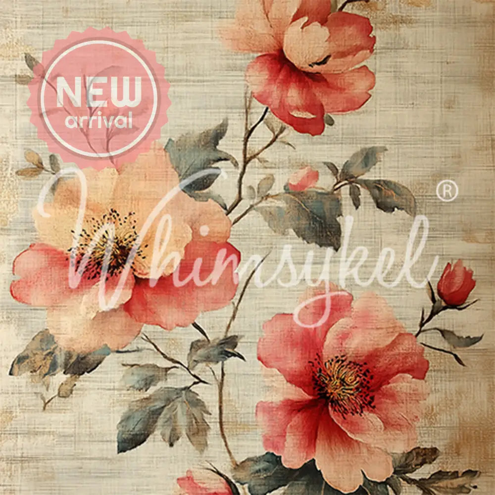 Close-up of a tissue paper featuring delicate pink and peach flowers on a beige linen background. 