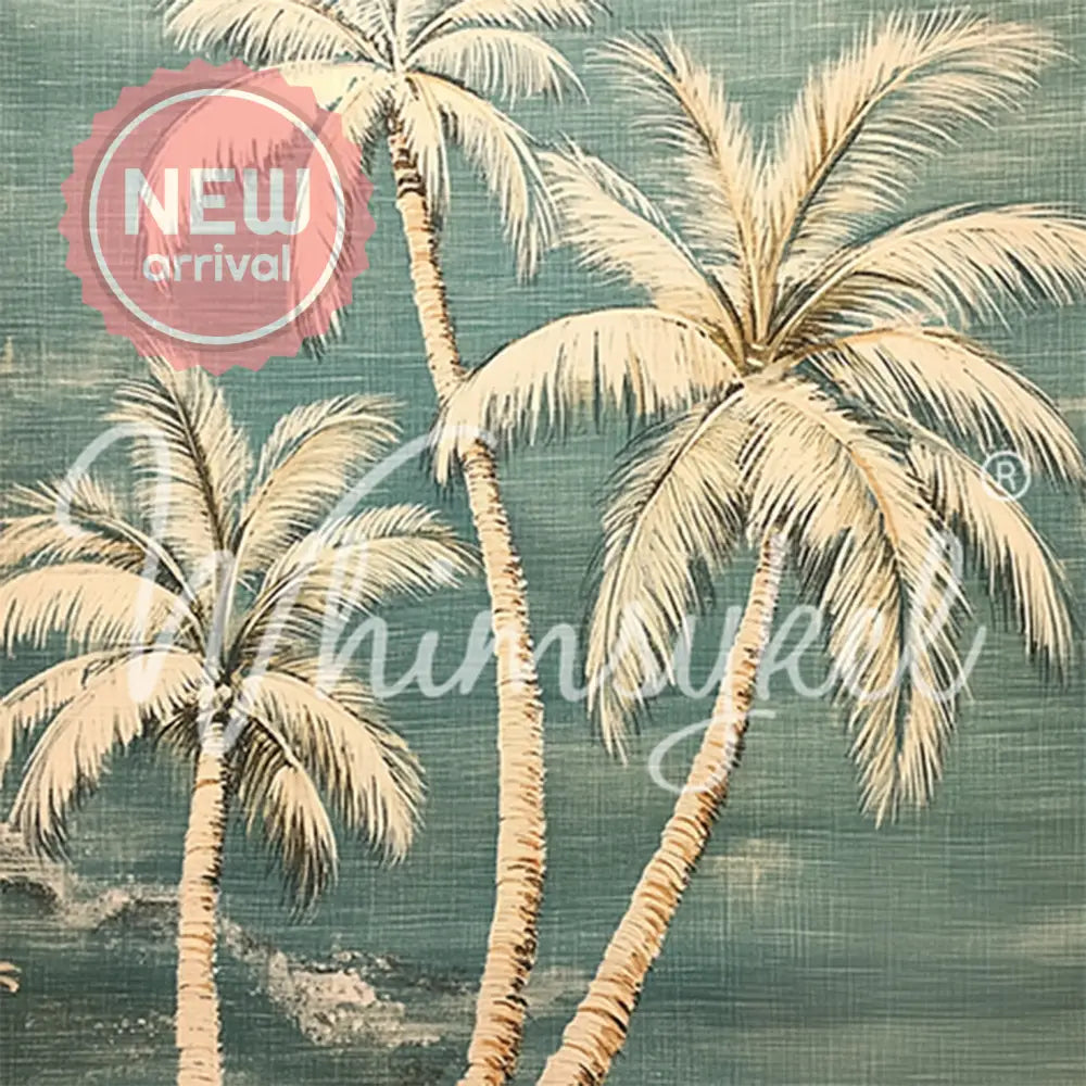 Close-up of a tissue paper featuring a tropical coastal design with softly painted palm trees against a linen textured muted teal backdrop. 