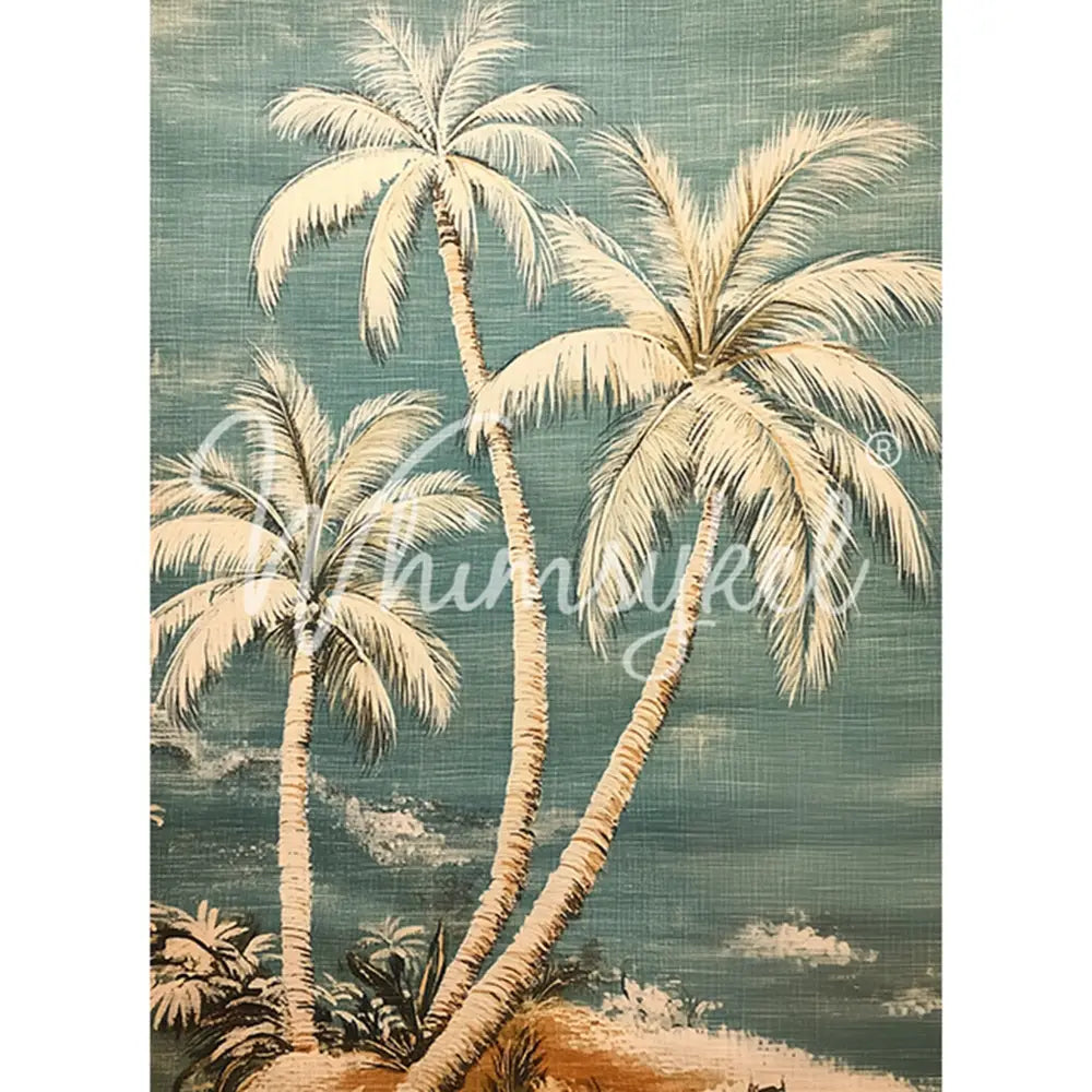 Tissue paper featuring a tropical coastal design with softly painted palm trees against a linen textured muted teal backdrop. 