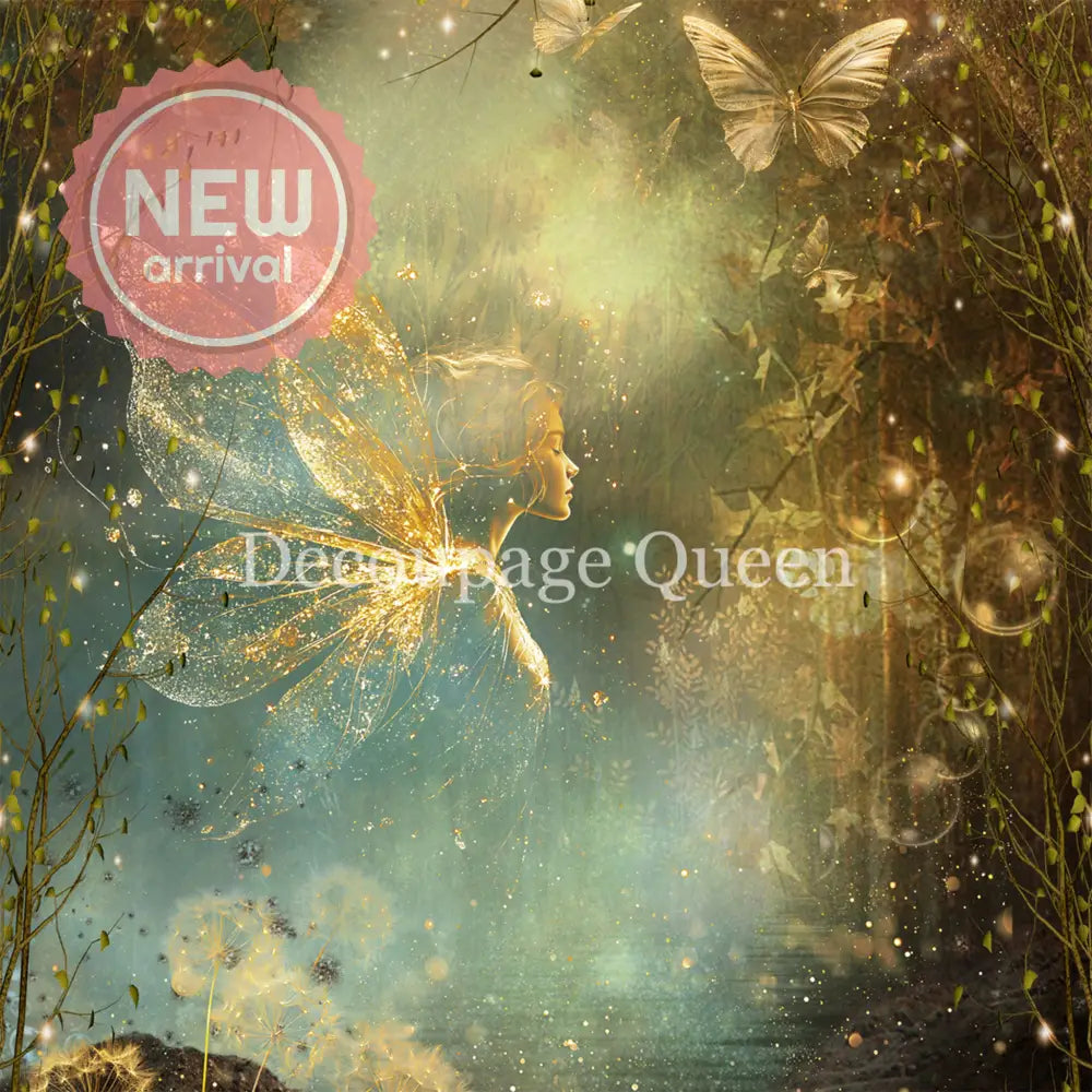 Close-up of a rice paper featuring a whimsical fairy surrounded by dandelions, bubbles, and butterflies in a misty forest. 