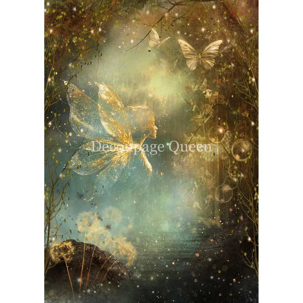 Rice paper featuring a whimsical fairy surrounded by dandelions, bubbles, and butterflies in a misty forest. White borders are on the sides.