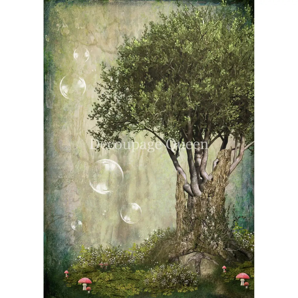 Rice paper featuring a majestic tree with vibrant green leaves against a misty backdrop with floating bubbles. White borders are on the sides.