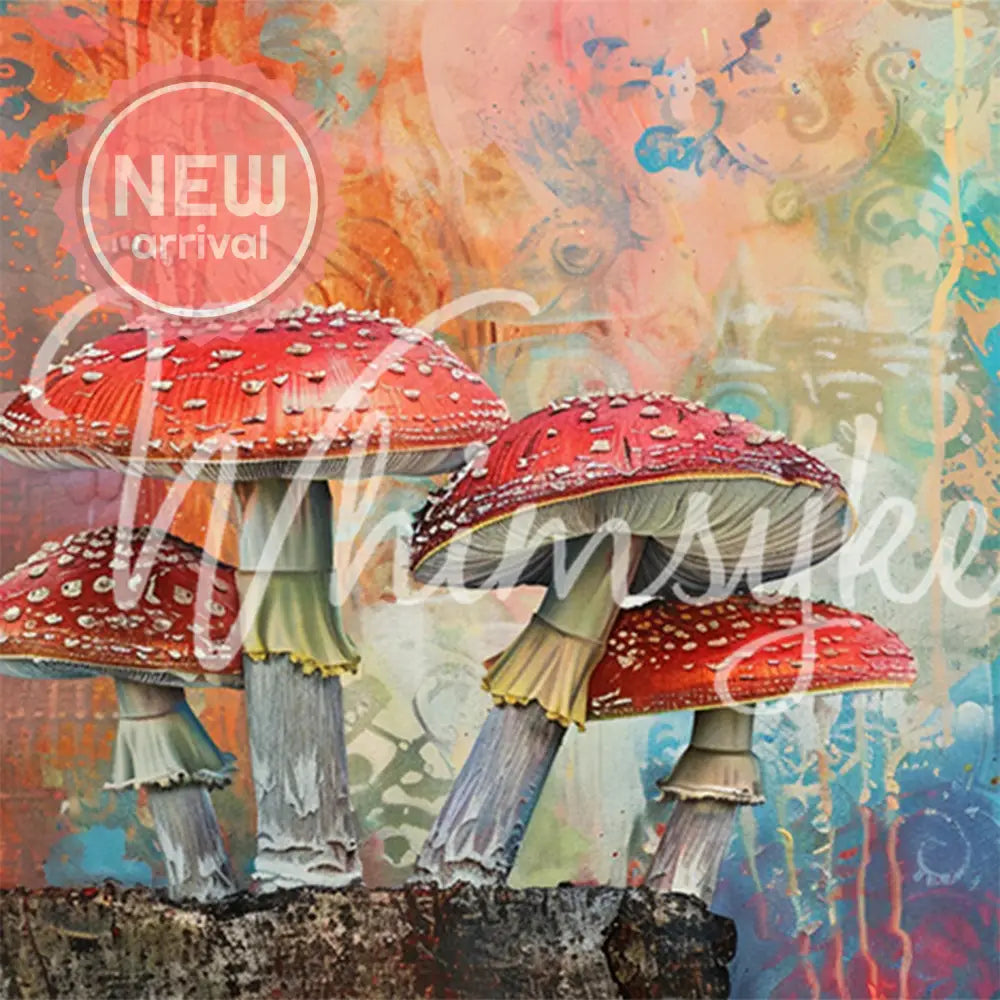 Close-up of a tissue paper featuring vibrant red-capped mushrooms set against a kaleidoscope of textures, patterns, and dreamy hues of blues and orange.
