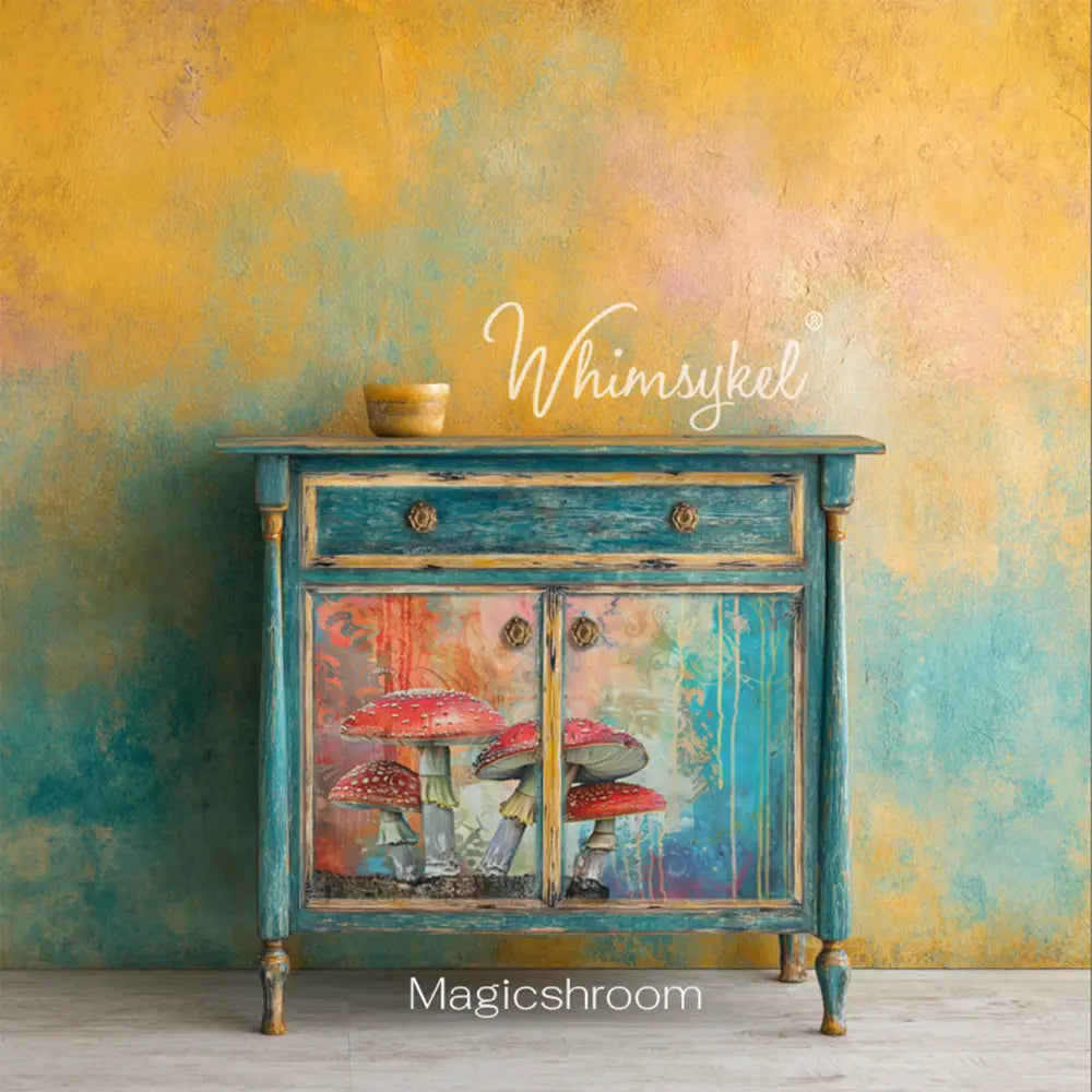 A vintage small buffet cabinet has weathered blue paint and features Whimsykel's Magicshroom tissue paper on its 2 doors.