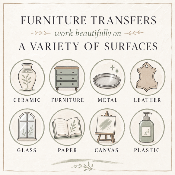 Furniture transfer surfaces chart showing rub-on transfers work on ceramic, furniture, metal, leather, glass, paper, canvas, and plastic