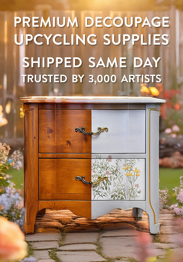 Wooden dresser with floral decoupage design on a blurred garden background, promoting decoupage supplies.