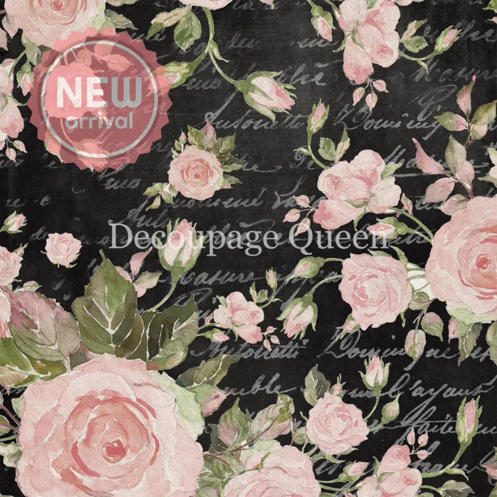 Close-up of a rice paper that features light pink watercolor roses and delicate script writing on a black background.