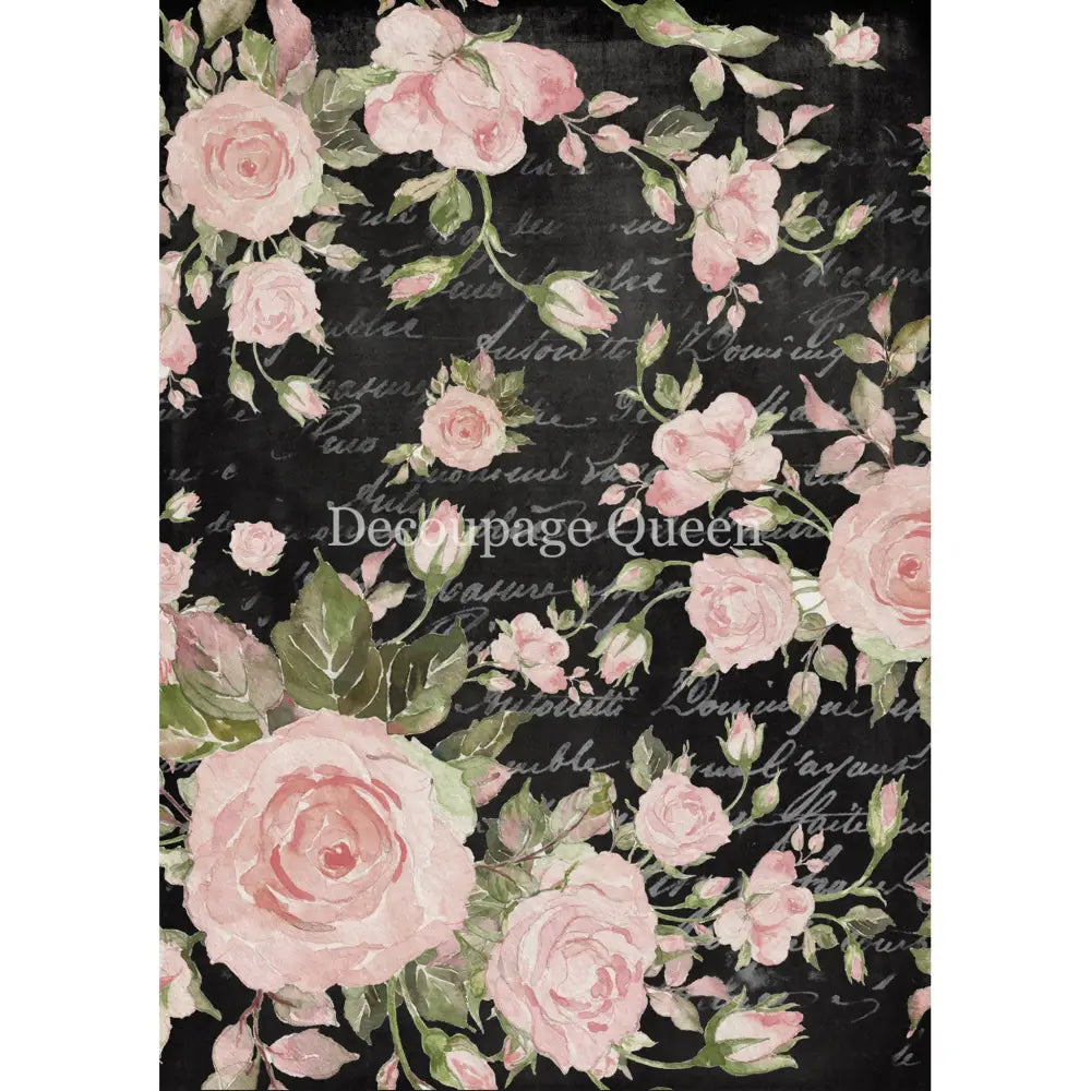 Rice paper that features light pink watercolor roses and delicate script writing on a black background. White borders are on the sides.