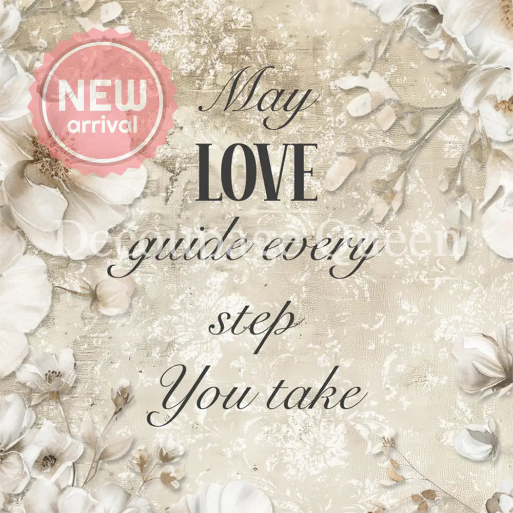 Close-up of a rice paper that features delicate white flowers on a vintage background with the heartfelt message, "May Love Guide Every Step You Take".