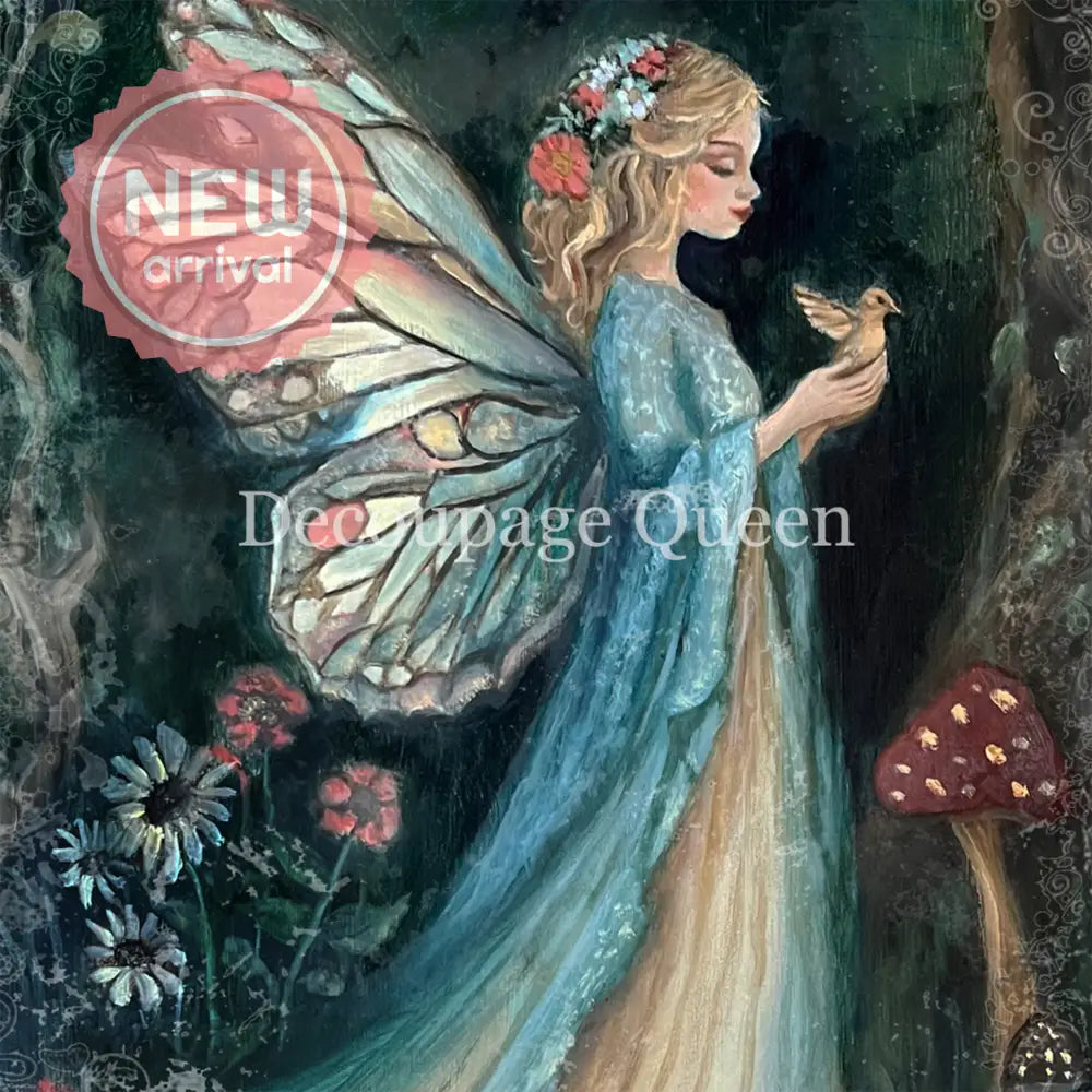 Close-up of a rice paper featuring a colorful drawing of a butterfly winged fairy in a long blue gown holding a bird in a dark forest with flowers and mushrooms.