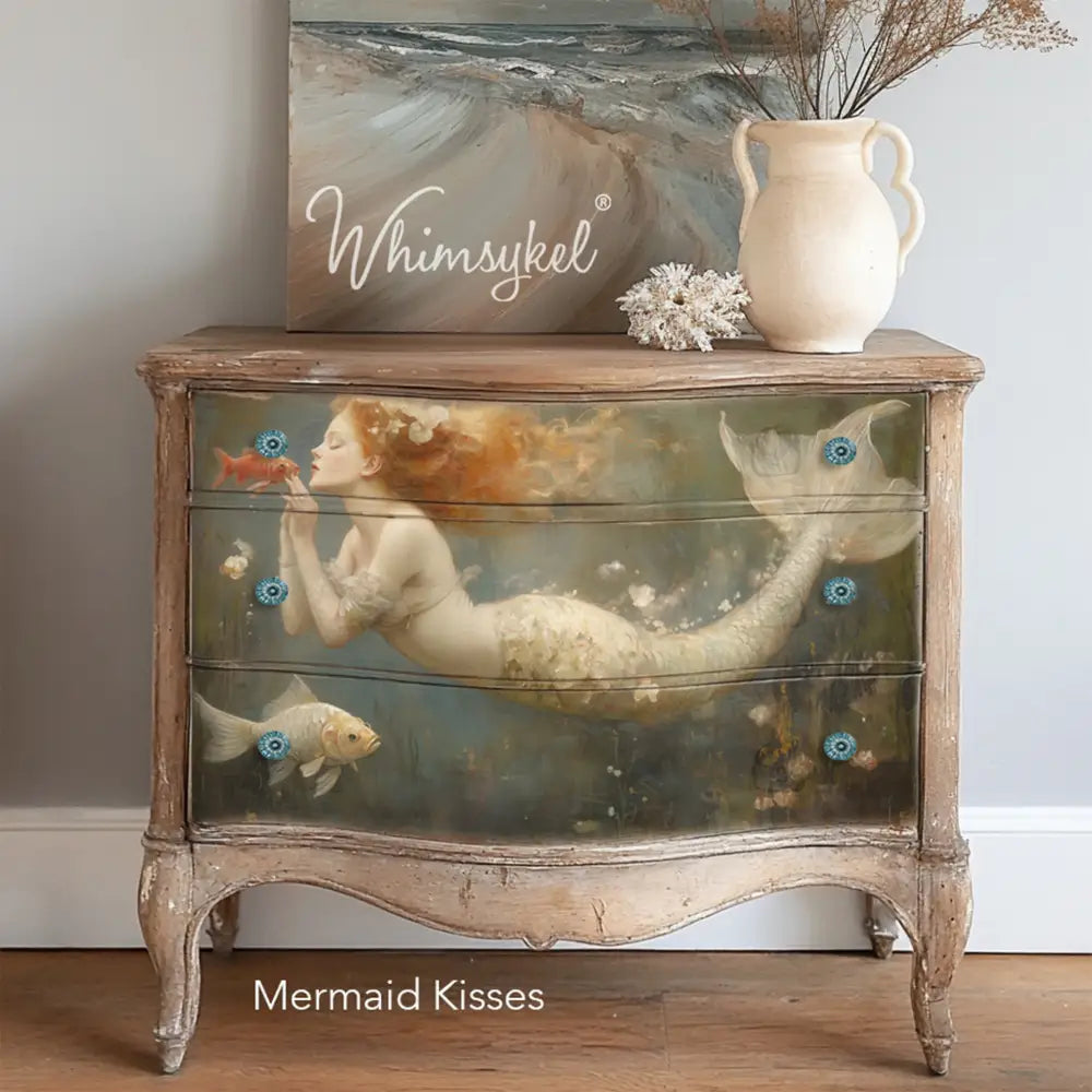 A vintage 3-drawer dresser features Whimsykel's Mermaid Kisses tissue paper on the drawers.