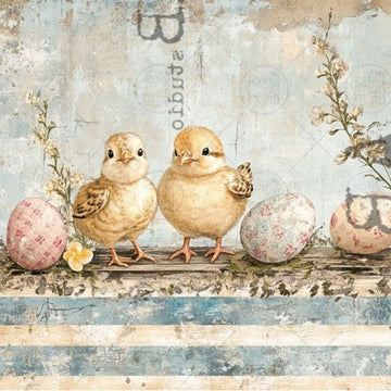 Milky Valley Cottagecore Spring Chicks A4 rice decoupage paper closeup with baby chicks, speckled eggs, and vintage blue striped background