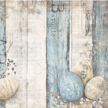 Closeup of Milky Valley Barnwood Easter Eggs rice decoupage paper showing vintage-style painted eggs and distressed barnwood texture
