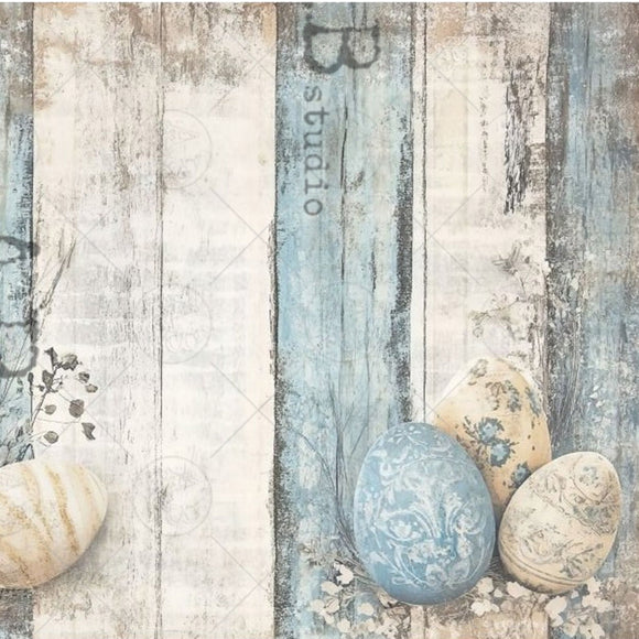 Closeup of Milky Valley Barnwood Easter Eggs rice decoupage paper showing vintage-style painted eggs and distressed barnwood texture