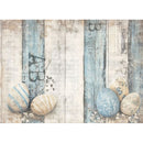 Milky Valley Barnwood Easter Eggs A4 rice decoupage paper with pastel blue and cream eggs on weathered barnwood background