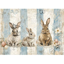 Milky Valley Bunny Trio Blue Stripes A4 rice decoupage paper with three watercolor bunnies, speckled eggs, and distressed blue-and-cream stripes