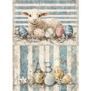 Milky Valley Easter Lambs & Eggs A4 rice decoupage paper with vintage lamb and pastel eggs on distressed blue stripe background for spring decor crafts