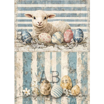 Milky Valley Easter Lambs & Eggs A4 rice decoupage paper with vintage lamb and pastel eggs on distressed blue stripe background for spring decor crafts