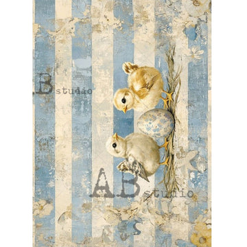 Milky Valley Barnhouse Chicks & Eggs A4 rice decoupage paper with vintage blue stripes, two baby chicks, speckled egg, distressed farmhouse style