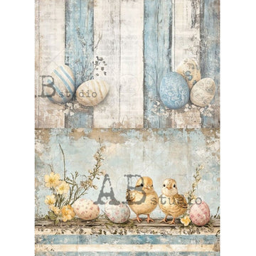 Milky Valley Vintage Spring Eggs & Chicks A4 rice decoupage paper with pastel Easter eggs and two yellow chicks on distressed blue wood.