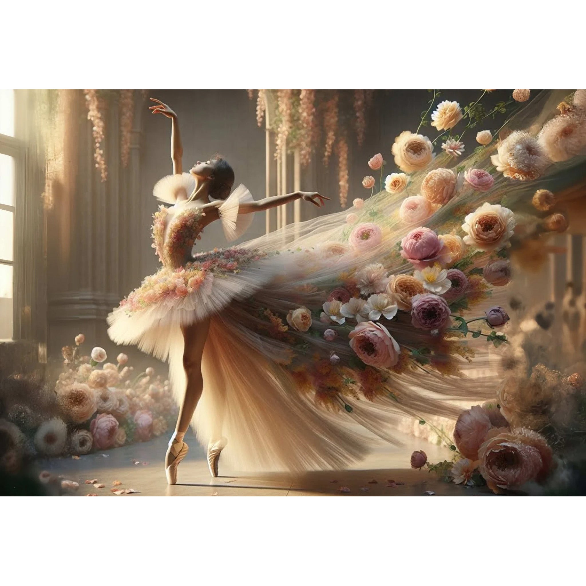 Decoupage paper featuring a ballerina dancing en pointe in front of a sunlit window wearing a tutu with a flowing veil covered in soft cream and pink flower blooms. White borders are on the top and bottom.