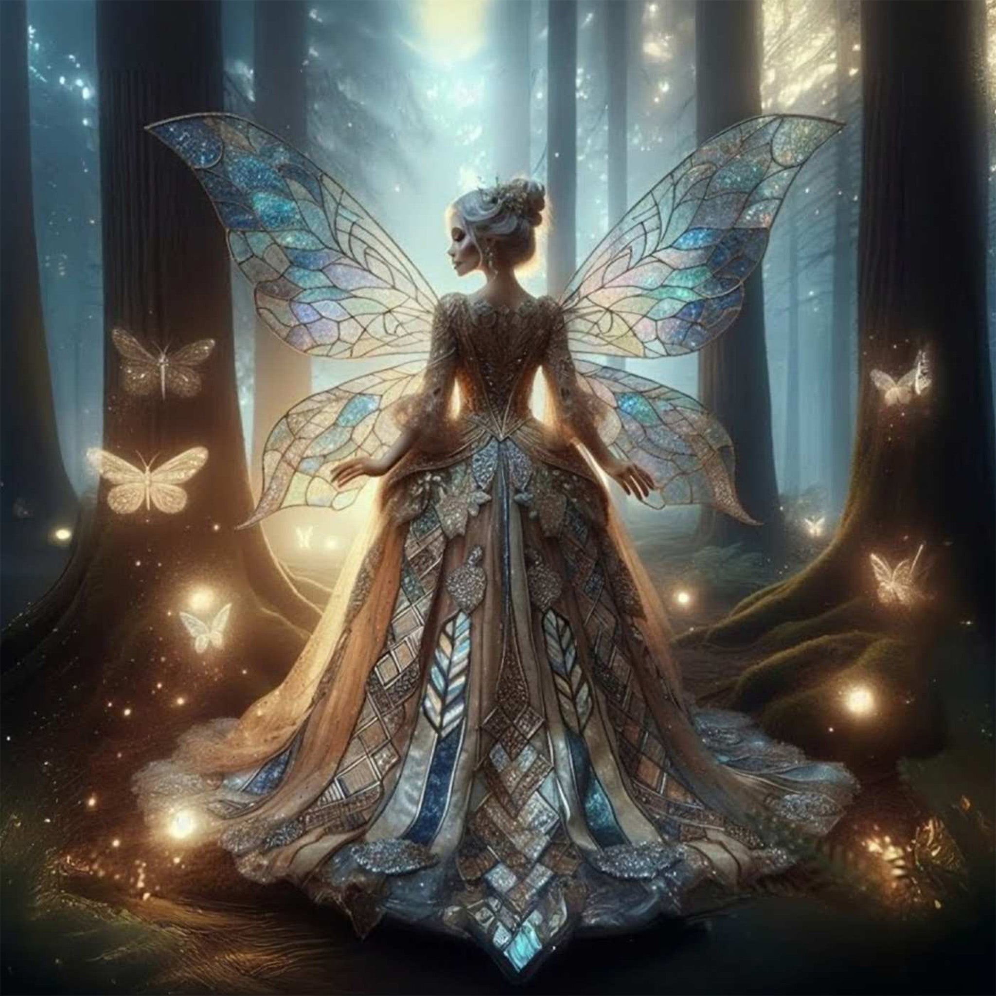 Close-up of a decoupage paper featuring a stained glass winged fairy in a large gown heading into a forest surrounded by glowing butterflies. 