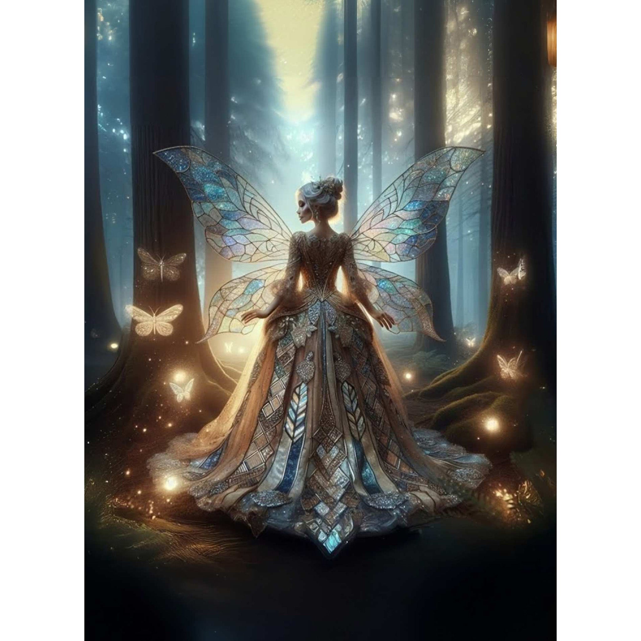 Decoupage paper featuring a stained glass winged fairy in a large gown heading into a forest surrounded by glowing butterflies. White borders are on the sides.