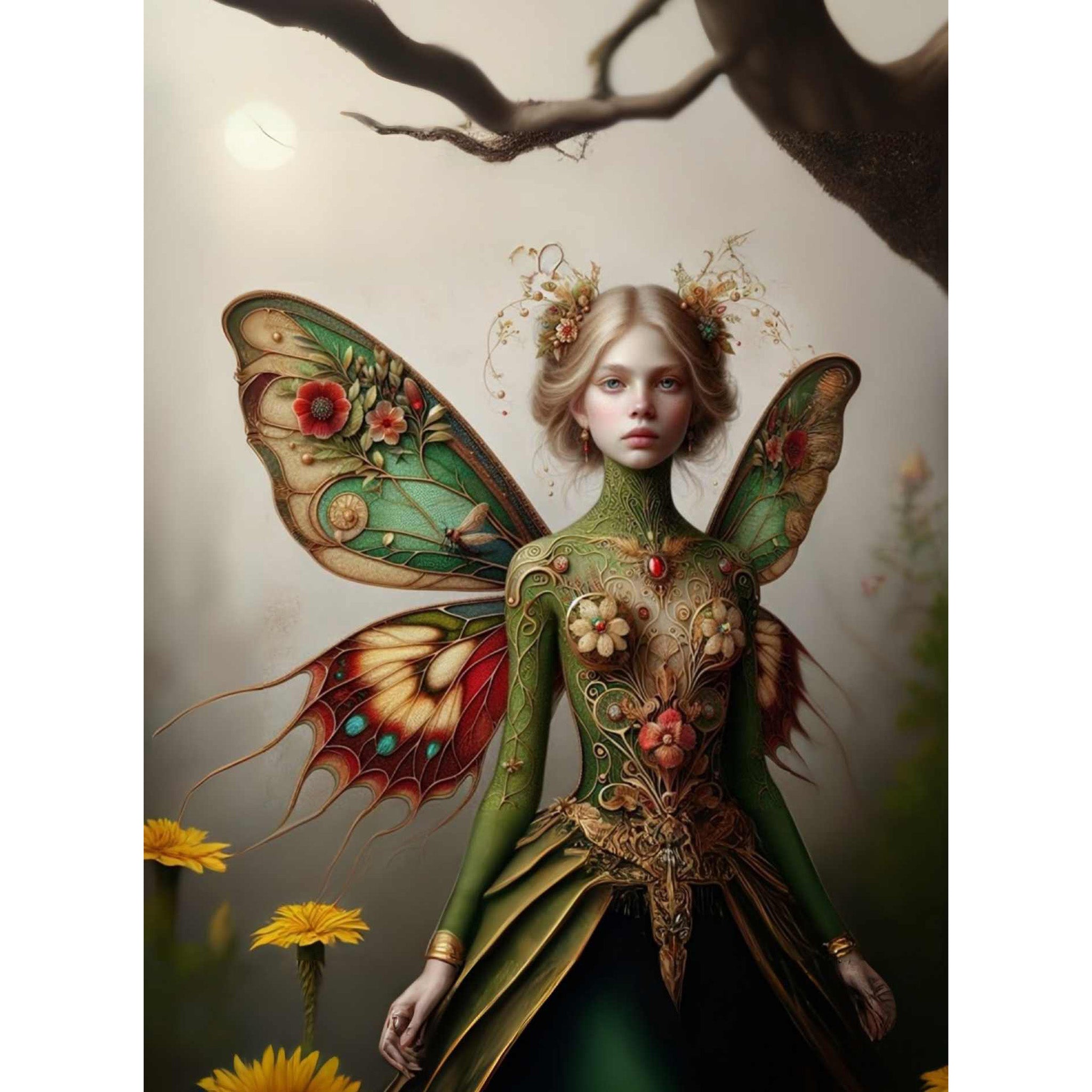 Decoupage paper featuring an earth-toned butterfly winged fairy standing against a foggy backdrop with bright yellow flowers in the foreground. White borders are on the sides.