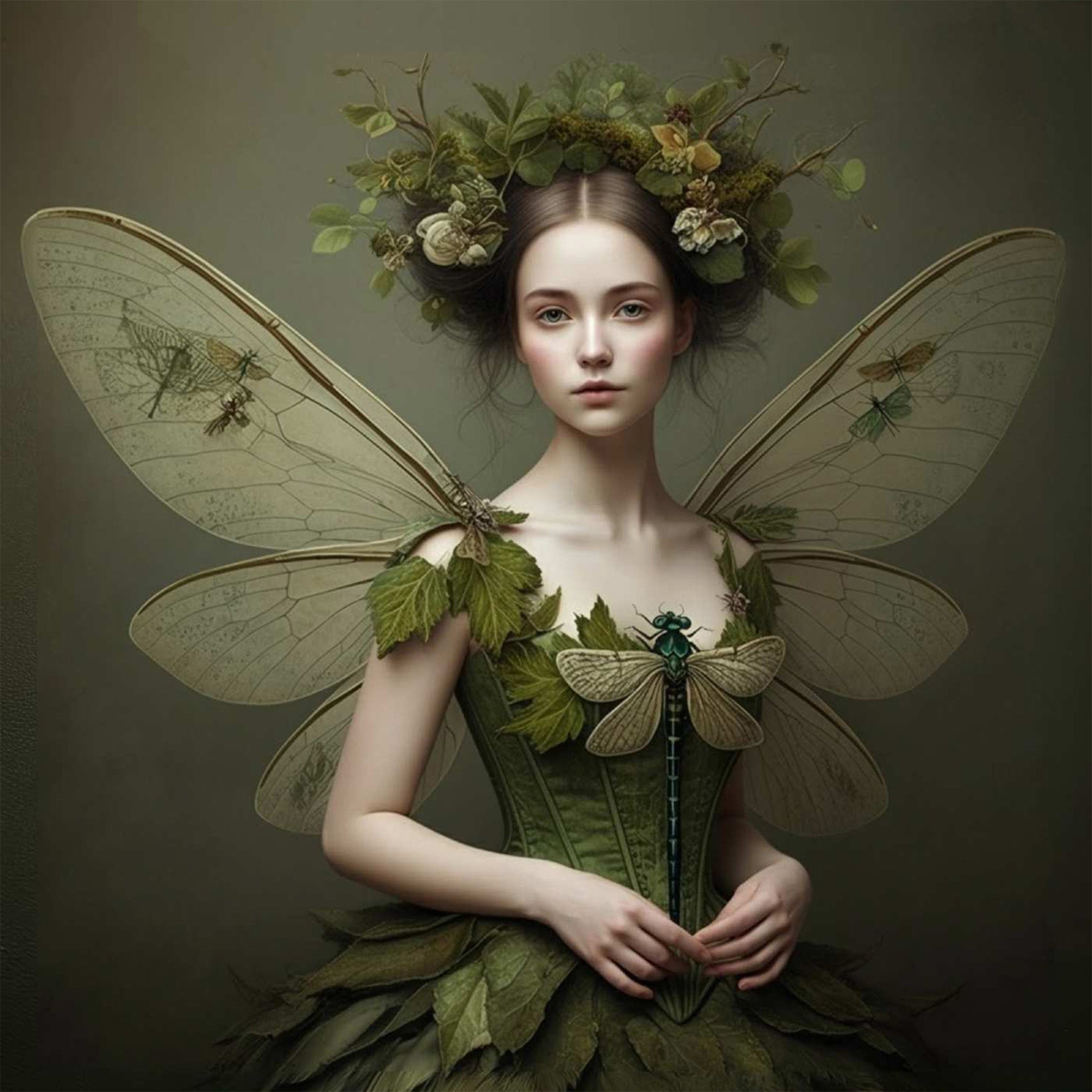 Close-up of a decoupage paper featuring a dragonfly winged fairy in a dress made of earthy green leaves and feathers and a green floral crown on her head is against a moody green background. 