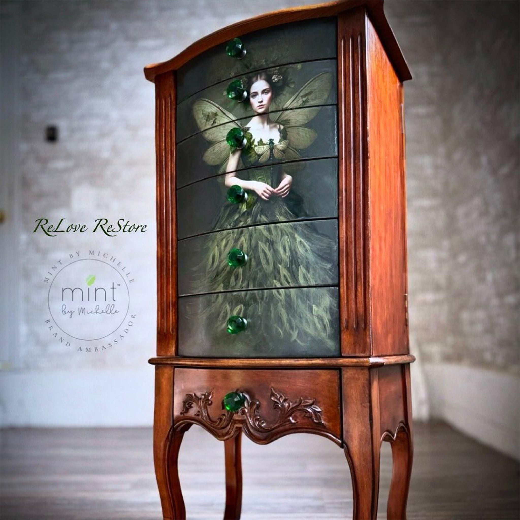 A vintage natural wood lingerie dresser  refurbished by ReLove ReStore features Mint by Michelle's Green Grace decoupage paper on its 6 drawers.