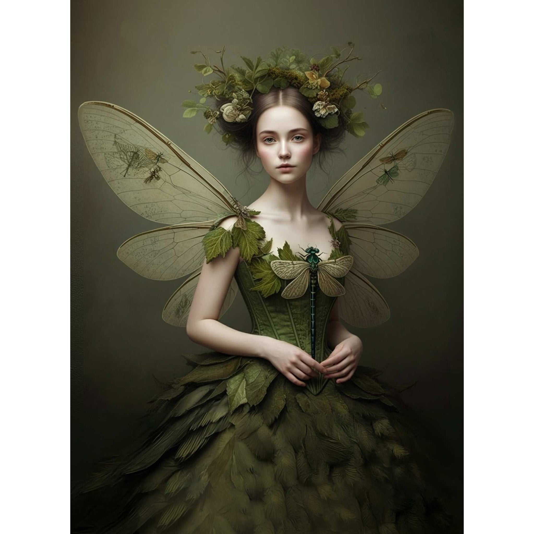 Decoupage paper featuring a dragonfly winged fairy in a dress made of earthy green leaves and feathers and a green floral crown on her head is against a moody green background. White borders are on the sides.