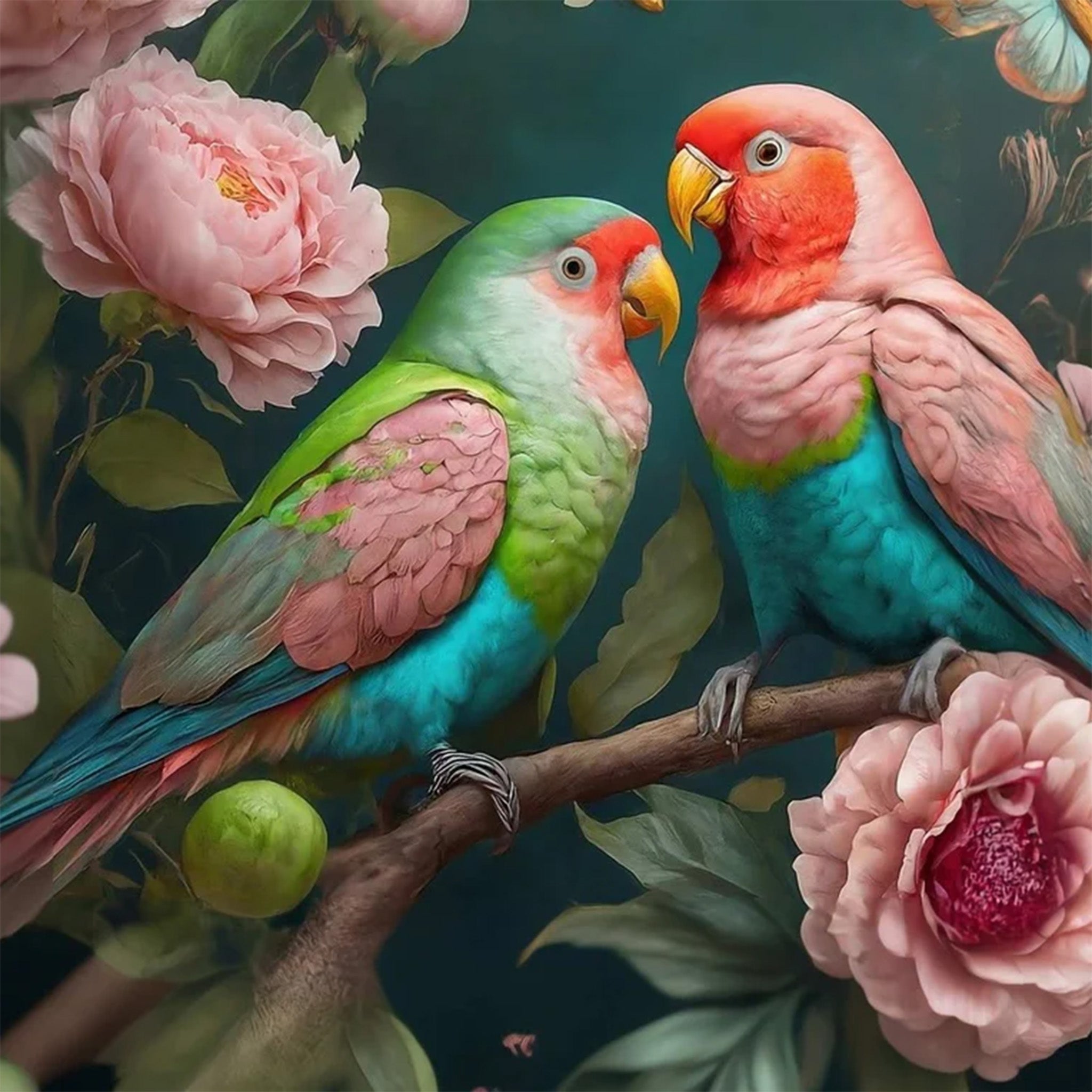 Close-up of a decoupage paper featuring 2 pastel colored lovebird parrots perched on a branch of soft pink flower blooms against a moody blue backdrop. 