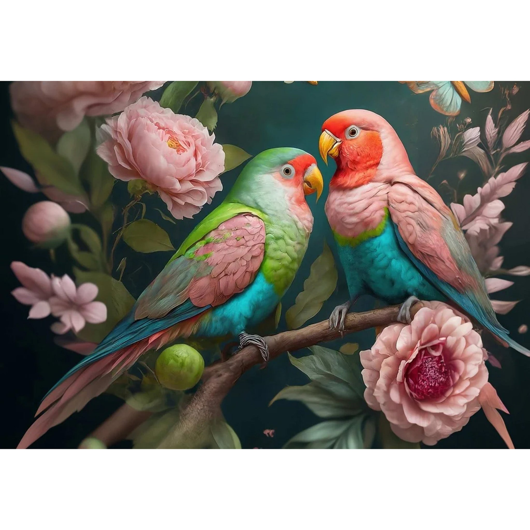 Decoupage paper featuring 2 pastel colored lovebird parrots perched on a branch of soft pink flower blooms against a moody blue backdrop. White borders are on the top and bottom.