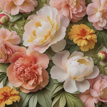 Close-up of a rice paper featuring beautiful pink and yellow blooms with dainty hints of greenery.