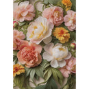 Rice paper featuring beautiful pink and yellow blooms with dainty hints of greenery. White borders are on the sides.