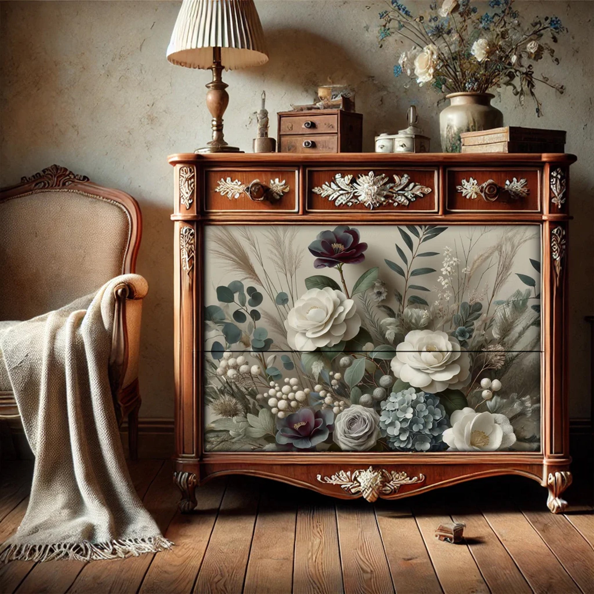 Decorative wooden cabinet with floral design in a room setting