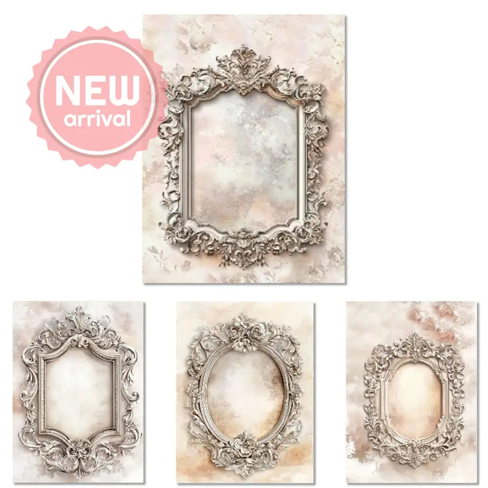 Rice paper featuring 4 ornate frames on distressed neutral toned backgrounds for a vintage feel are against a white background.