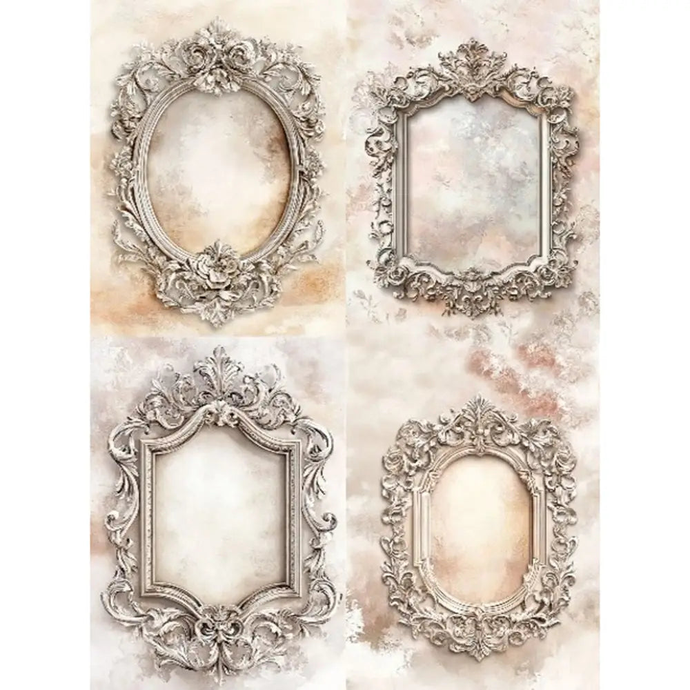 Rice paper featuring 4 ornate frames on distressed neutral toned backgrounds for a vintage feel. White borders are on the sides.