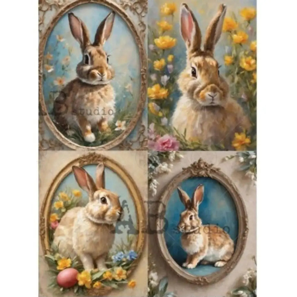 Rice paper against a white background features 4 charming images of rabbits, framed with flowers and Easter eggs.