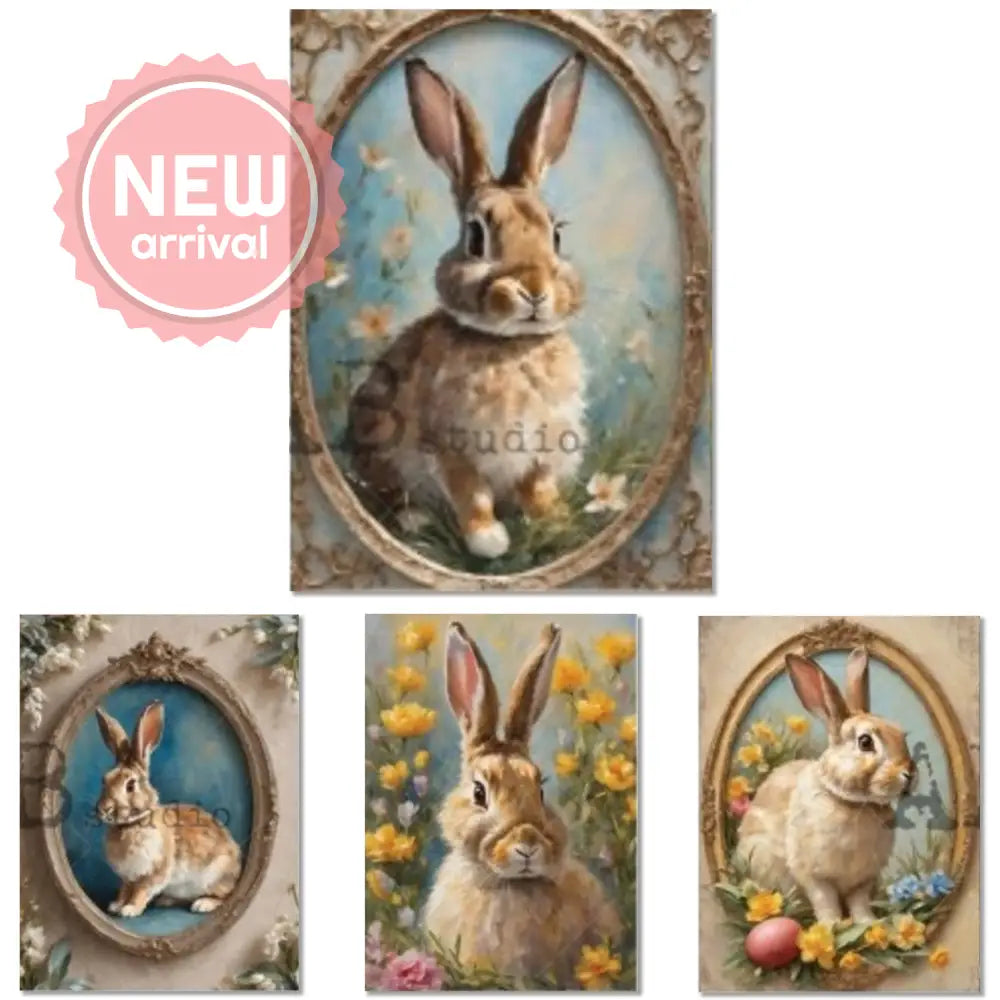 Rice paper against a white background features 4 charming images of rabbits, framed with flowers and Easter eggs.