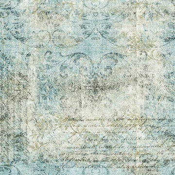 Close-up of a rice paper featuring a faded light blue and cream colored fabric that has a worn damask scroll design and script writing.